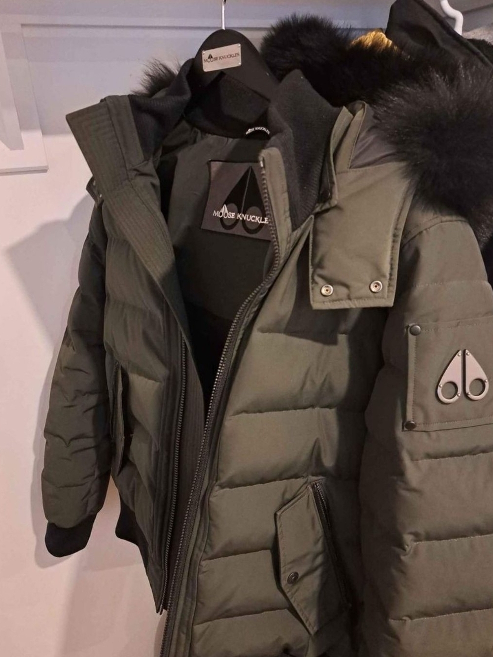 Moose Knuckles Men's Olive Green Down Parka with Fur Trim
